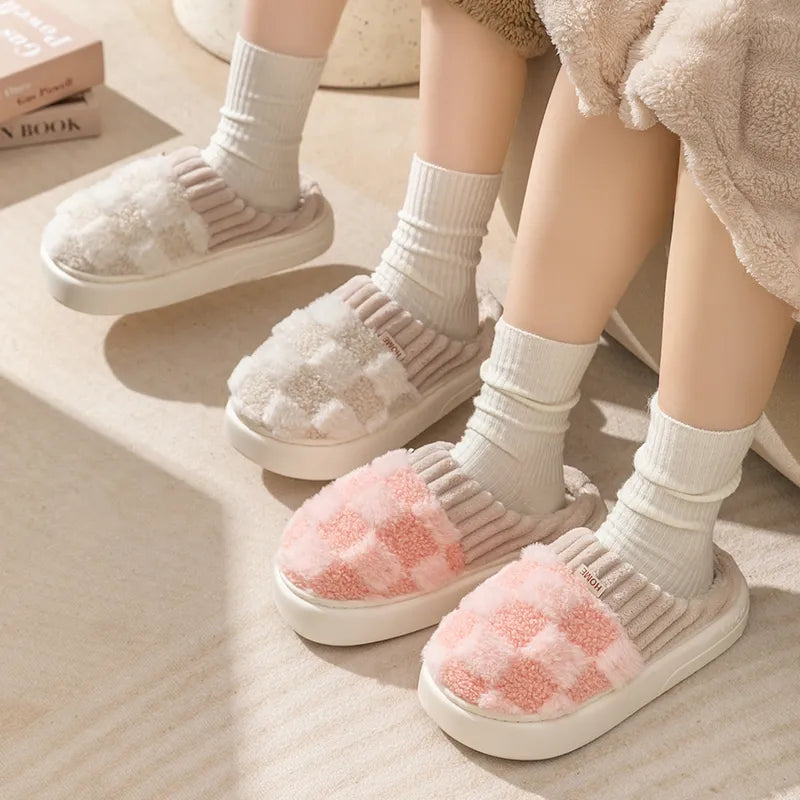 Winter Toe Wrap Warm Plaid Cotton Slippers Thick Soft Sole Slides Non-slip Shoes