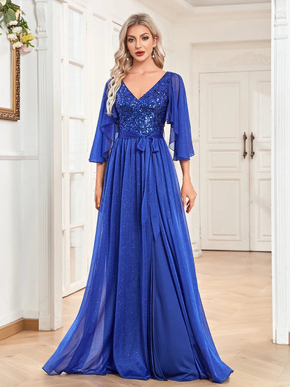 Sequin Maxi V-neck Dress Women Elegant Flared Sleeves Chiffon Party Dress Wedding Evening Dresses