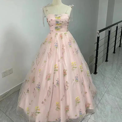 Luxury Floral Embroidery Long Prom Evening Dress Elegant Suspender Mesh Party Formal Host Princess Dress - Carvan Mart