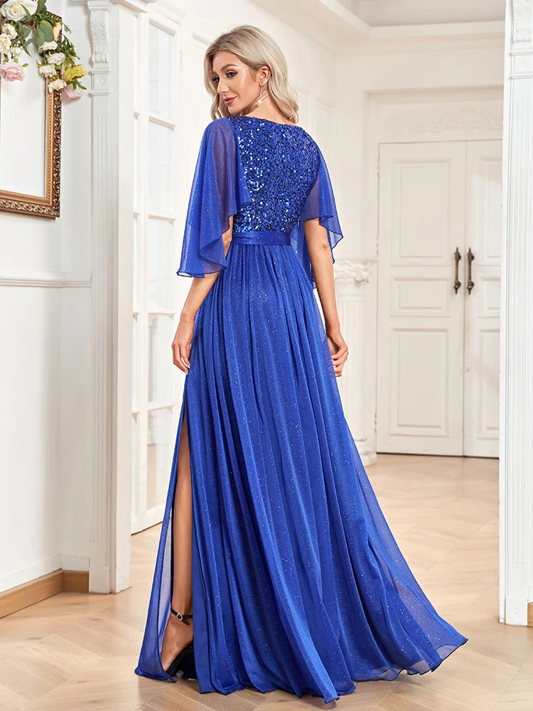 Sequin Maxi V-neck Dress Women Elegant Flared Sleeves Chiffon Party Dress Wedding Evening Dresses - Carvan Mart