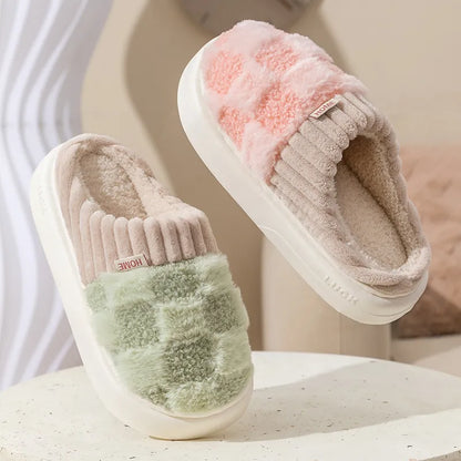 Winter Toe Wrap Warm Plaid Cotton Slippers Thick Soft Sole Slides Non-slip Shoes
