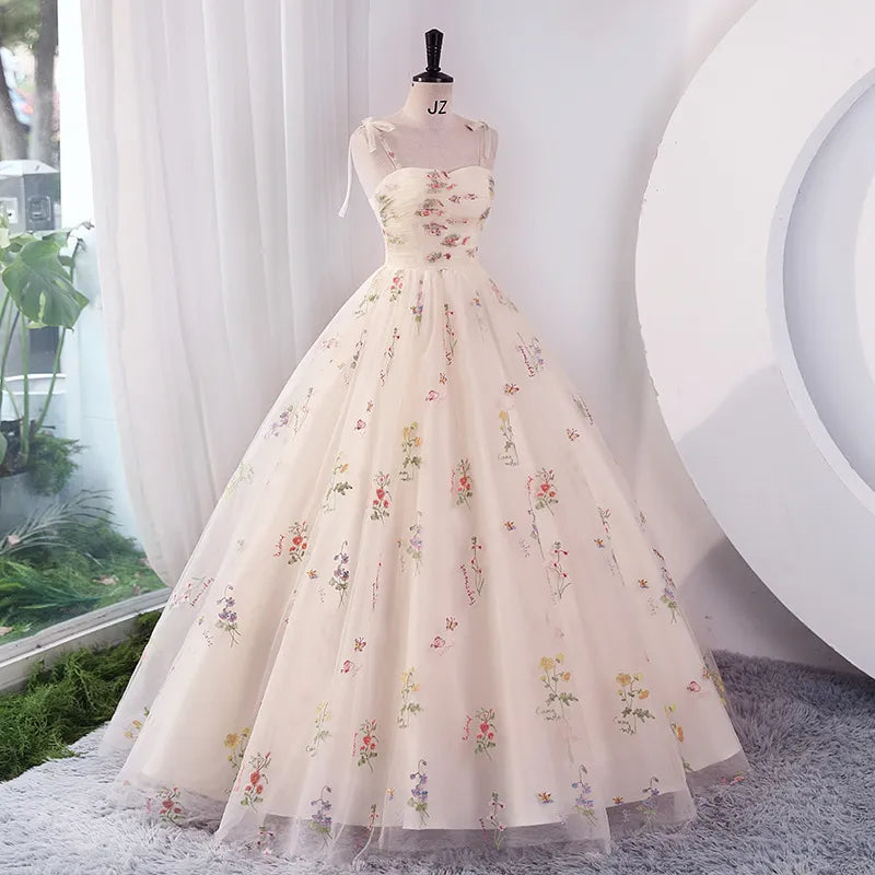 Luxury Floral Embroidery Long Prom Evening Dress Elegant Suspender Mesh Party Formal Host Princess Dress - Carvan Mart