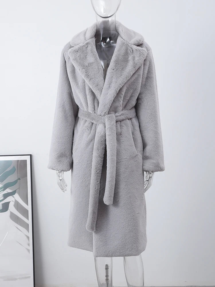 Long Rabbit Mink Fur Coat Jacket Women's Plush Turndown Collar Coat - Carvan Mart