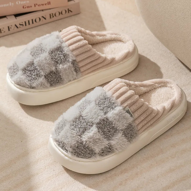 Winter Toe Wrap Warm Plaid Cotton Slippers Thick Soft Sole Slides Non-slip Shoes - Carvan Mart