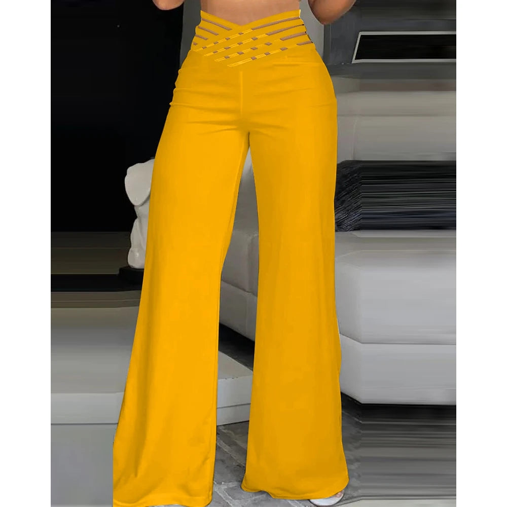 High-Waisted Flare Pants with Sexy Cutout Waistband - Trendy Wide-Leg Trousers - - Pants & Capris - Carvan Mart