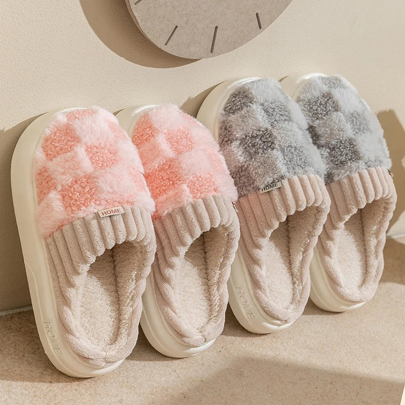 Winter Toe Wrap Warm Plaid Cotton Slippers Thick Soft Sole Slides Non-slip Shoes - Carvan Mart