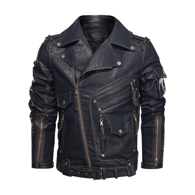 Vintage Leather Jacket Cool Zipper Pockets Men's Coat Jacket - - Genuine Leather - Carvan Mart