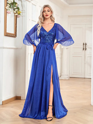 Sequin Maxi V-neck Dress Women Elegant Flared Sleeves Chiffon Party Dress Wedding Evening Dresses - - Evening Dresses - Carvan Mart