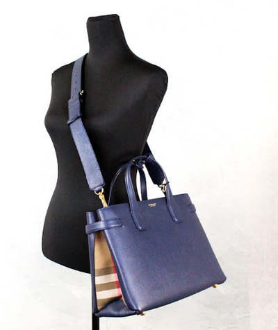 Burberry Banner Medium Regency Blue Leather Tote Crossbody Handbag Purse - - - Burberry