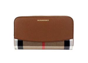 Burberry Elmore Tan Grainy Leather House Check Canvas Continental Clutch Wallet - Brown - - Burberry