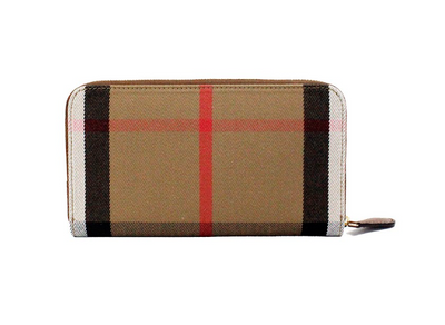 Burberry Elmore Tan Grainy Leather House Check Canvas Continental Clutch Wallet - - - Burberry