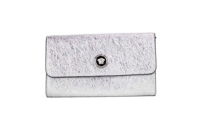 Versace Small Metallic Silver Lamb Leather Medusa Clutch Crossbody Wallet Bag - Silver - - Versace