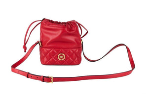 Versace Red Quilted Leather Drawstring Shoulder Bag Bucket Crossbody Handbag - Red - - Versace