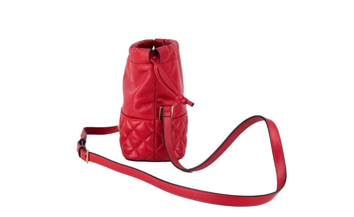 Versace Red Quilted Leather Drawstring Shoulder Bag Bucket Crossbody Handbag - - - Versace