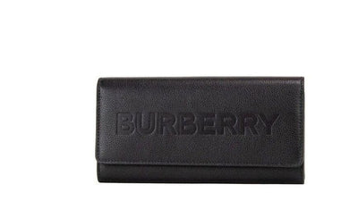 Burberry Porter Black Grained Leather Branded Logo Embossed Clutch Flap Wallet - Black - - Burberry