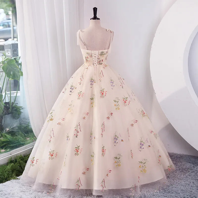 Luxury Floral Embroidery Long Prom Evening Dress Elegant Suspender Mesh Party Formal Host Princess Dress - Carvan Mart