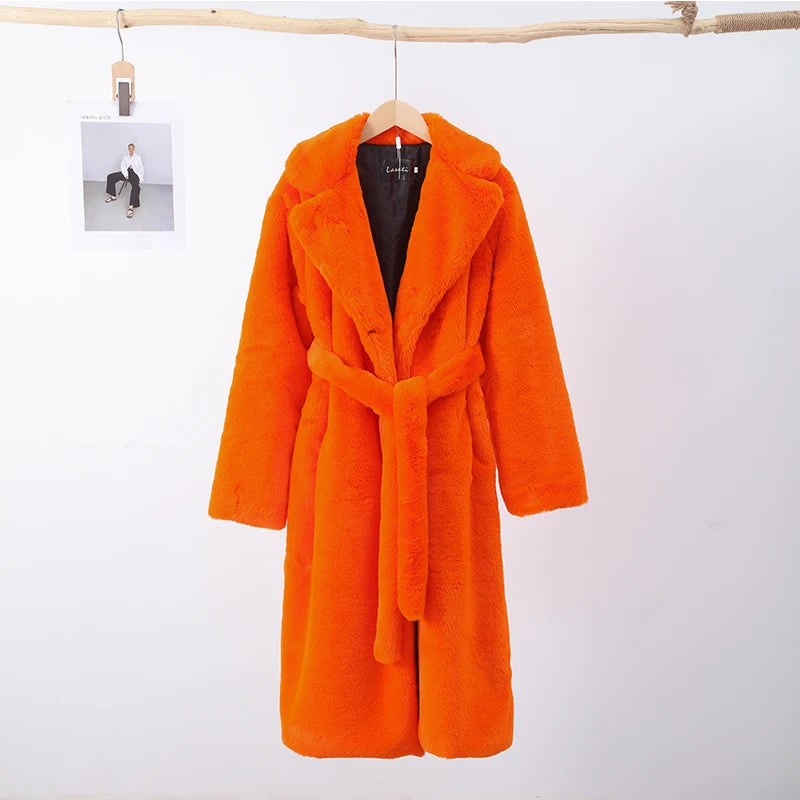 Long Rabbit Mink Fur Coat Jacket Women's Plush Turndown Collar Coat - Orange - Women's Coats & Jackets - Carvan Mart