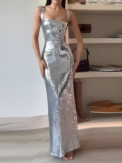 Sequin Silver Glowing Dress Square Collar Backless Dress - Silver - Dresses - Carvan Mart