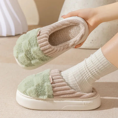 Winter Toe Wrap Warm Plaid Cotton Slippers Thick Soft Sole Slides Non-slip Shoes - - Women's Slippers - Carvan Mart