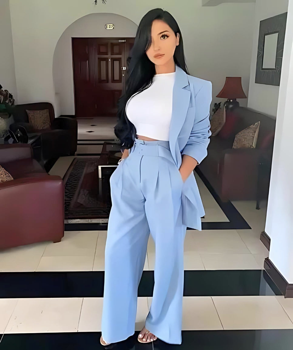 Sleeve Lapel Suit Plain Color Straight-leg Women's Pant Suits