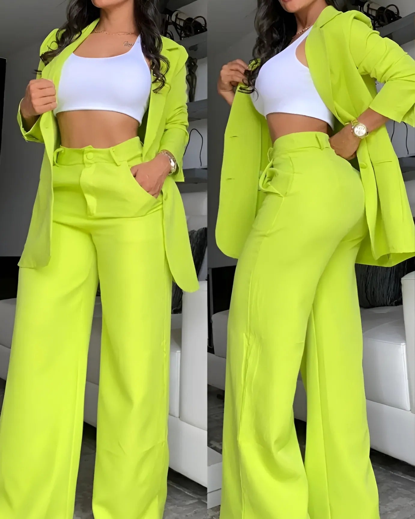 Sleeve Lapel Suit Plain Color Straight-leg Women's Pant Suits - Yellow Green - Suits & Sets - Carvan Mart