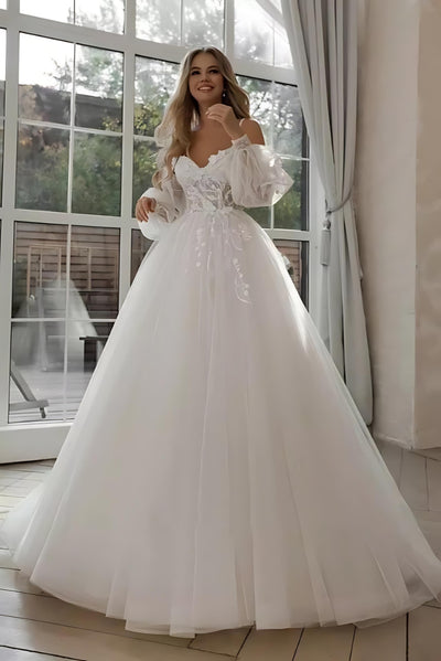 Unique Romantic Boho Wedding Dress - Off Shoulder Puff Sleeve Bride Gown - White - Wedding Dresses - Carvan Mart