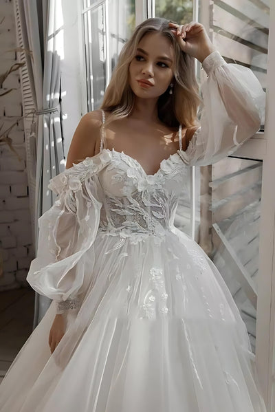 Unique Romantic Boho Wedding Dress - Off Shoulder Puff Sleeve Bride Gown - Carvan Mart
