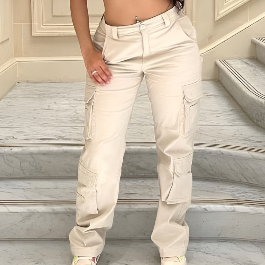 Women's High-Waist Cargo Pants - Stylish Baggy Trousers with Pockets - Beige - Pants & Capris - Carvan Mart