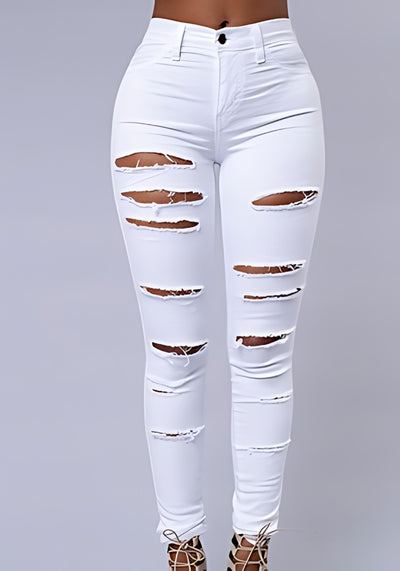 Women's Casual Hole Jeans High Waist Skinny Denim Pants - Stylish Pencil Pants - White - Women's Jeans - Carvan Mart