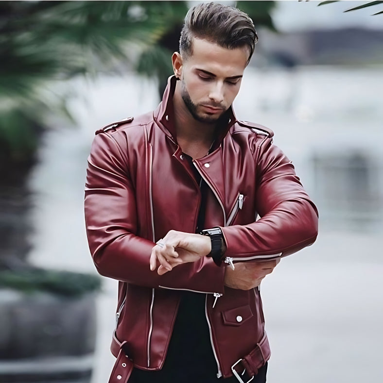 European and American Men's Slim Leather Jacket - Red wine - Genuine Leather - Carvan Mart