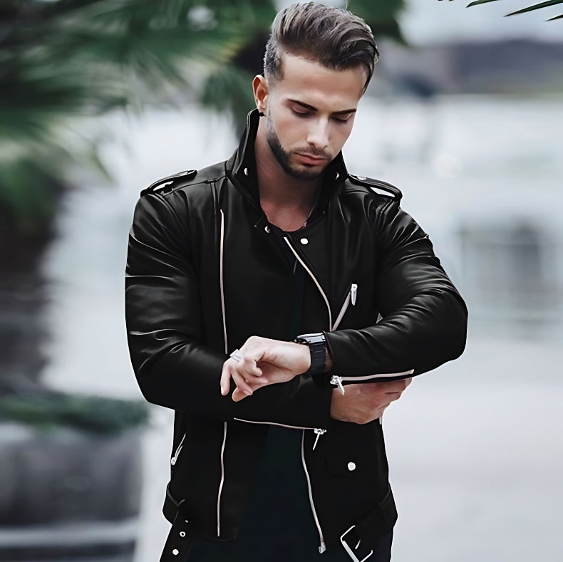 European and American Men's Slim Leather Jacket - Black - Genuine Leather - Carvan Mart