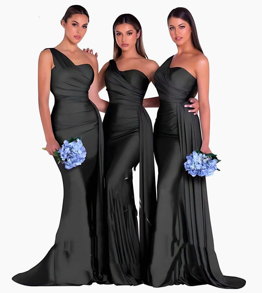 Elegant Satin One-Shoulder Bridesmaid Dresses for Weddings - Black - Prom Dresses - Carvan Mart