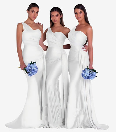 Elegant Satin One-Shoulder Bridesmaid Dresses for Weddings - White - Prom Dresses - Carvan Mart