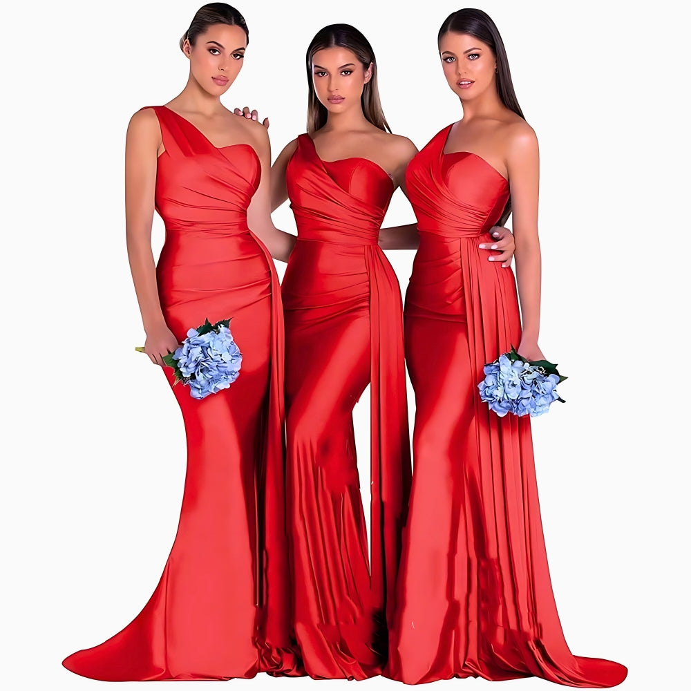 Elegant Satin One-Shoulder Bridesmaid Dresses for Weddings - Red - Prom Dresses - Carvan Mart