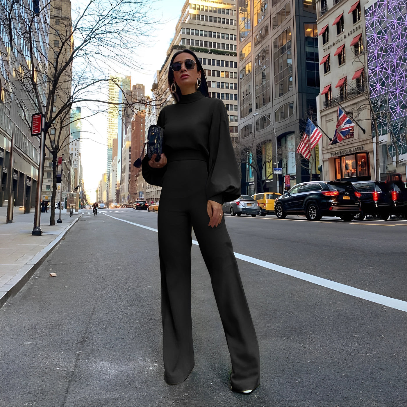 Palazzo Leg Elegant Jumpsuit High Neck Halter Long Sleeve Jumpsuit - Black - Jumpsuits & Rompers - Carvan Mart