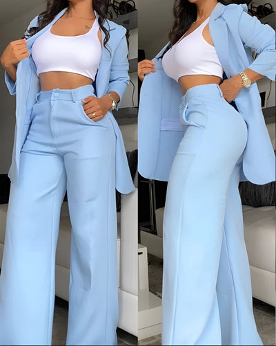 Sleeve Lapel Suit Plain Color Straight-leg Women's Pant Suits - - Suits & Sets - Carvan Mart