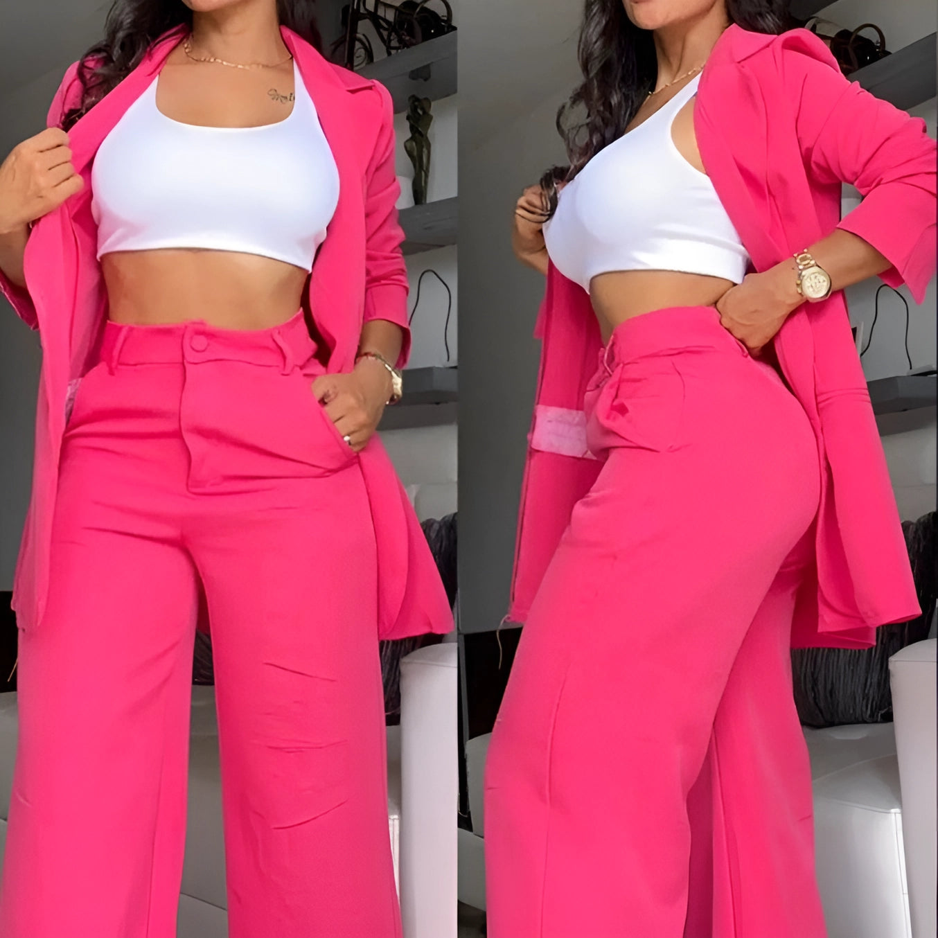 Sleeve Lapel Suit Plain Color Straight-leg Women's Pant Suits - Rose Red - Suits & Sets - Carvan Mart