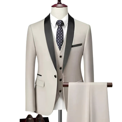 Men 3 Piece Suit Set Men Wedding Suits Groom Tuxedos - Beige - Men Suits & Sets - Carvan Mart