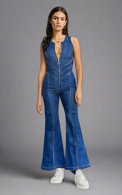 Denim Jumper Slim Fit Hollywood Heartthrob Street Retro Style High Waist Jumpsuit - - Jumpsuits & Rompers - Carvan Mart