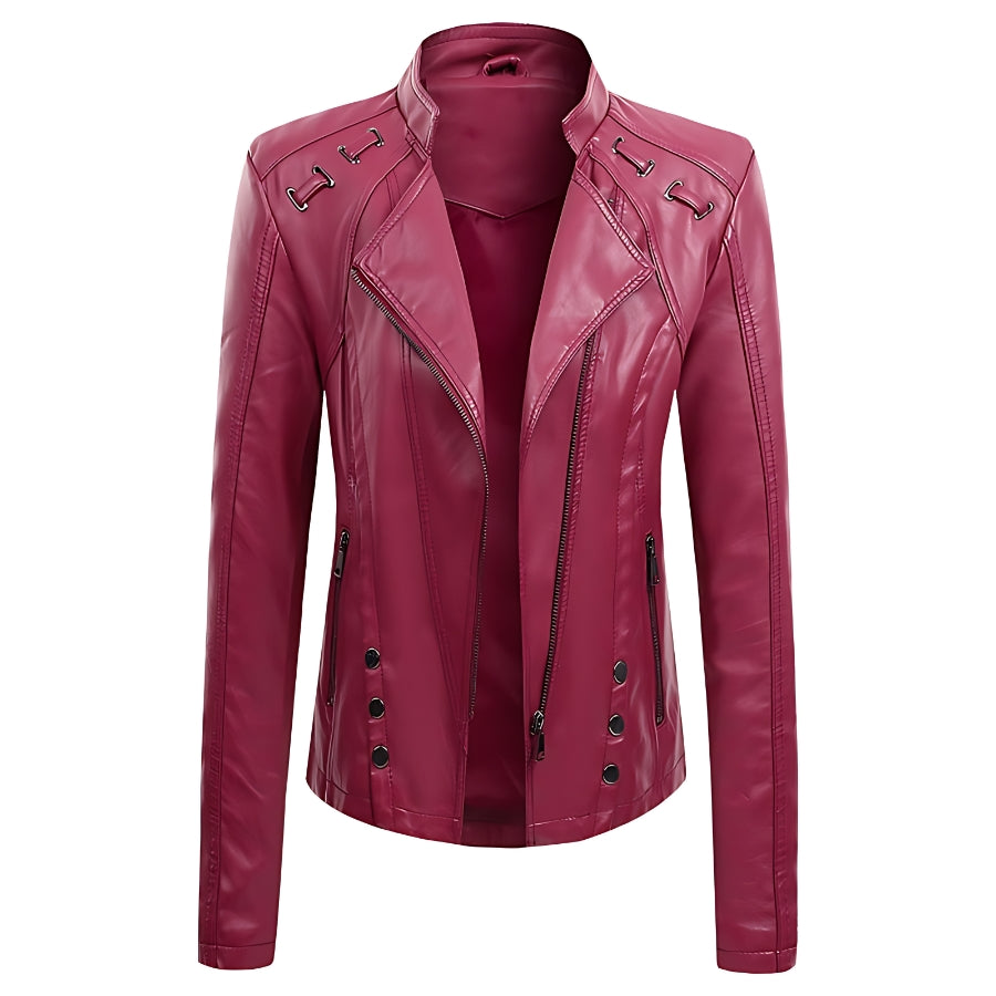 V-neck PU Leather Jacket Women - Red - Leather & Suede - Carvan Mart