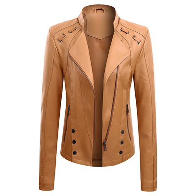 V-neck PU Leather Jacket Women - Khaki - Leather & Suede - Carvan Mart
