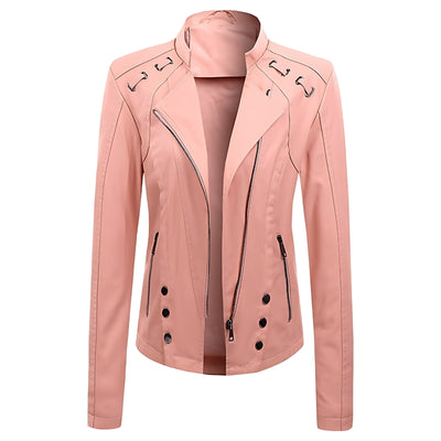 V-neck PU Leather Jacket Women - Pink - Leather & Suede - Carvan Mart