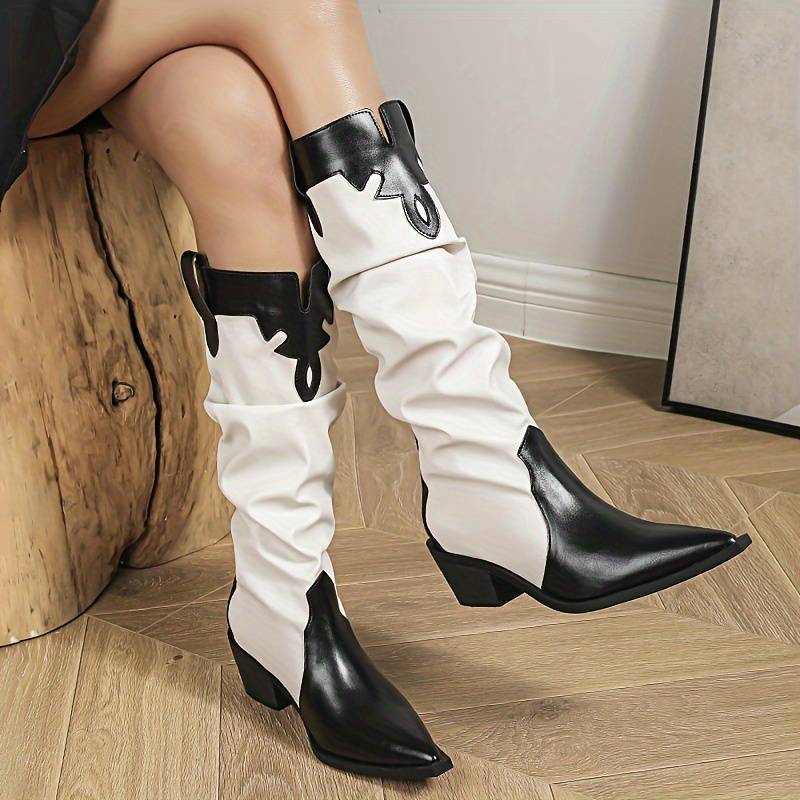 Women's Knee High Cowboy Boots - Stylish Western Cowgirl Boots with Thick Heel - Beige - Women's Shoes - Carvan Mart