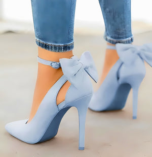 Women Bow Tie Stiletto Ankle Strap High Heels Wedding Dress Pumps Shoes - Blue - High Heels - Carvan Mart