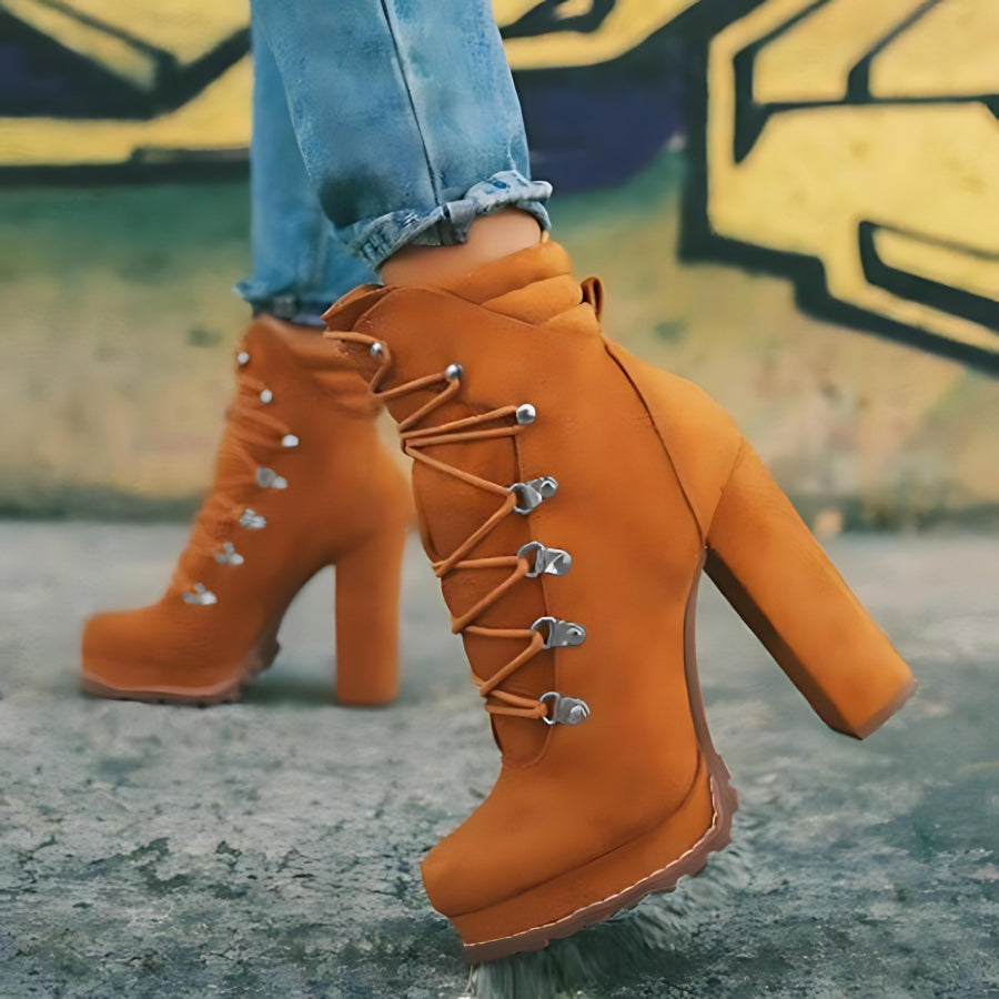 Women Round Toe Lace UP Mid Calf High Heel Boots Shoes - Brown yellow - High Heels - Carvan Mart