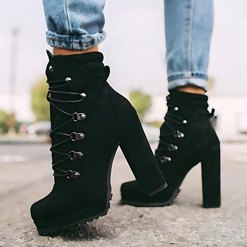 Women Round Toe Lace UP Mid Calf High Heel Boots Shoes - Carvan Mart