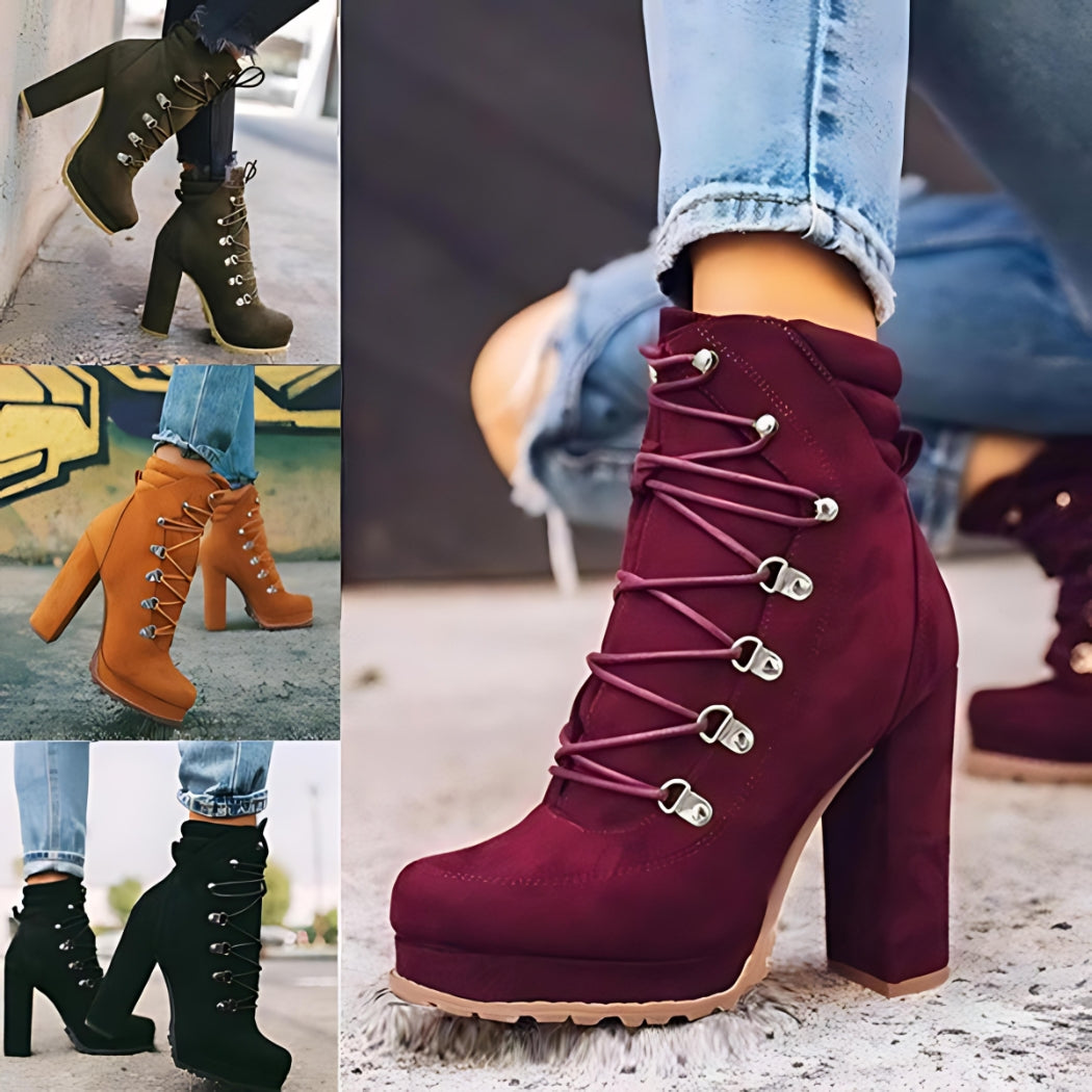 Women Round Toe Lace UP Mid Calf High Heel Boots Shoes - - High Heels - Carvan Mart