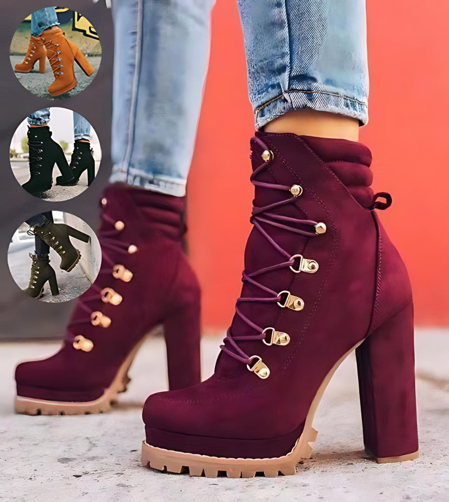 Women Round Toe Lace UP Mid Calf High Heel Boots Shoes - - High Heels - Carvan Mart