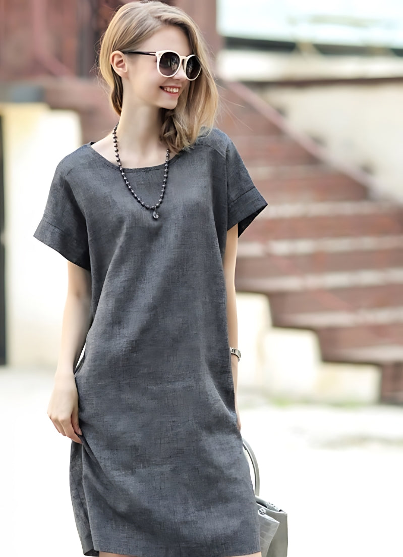 Women's Midi Dress Cotton Linen in Gray - - Women's Linen - Carvan Mart