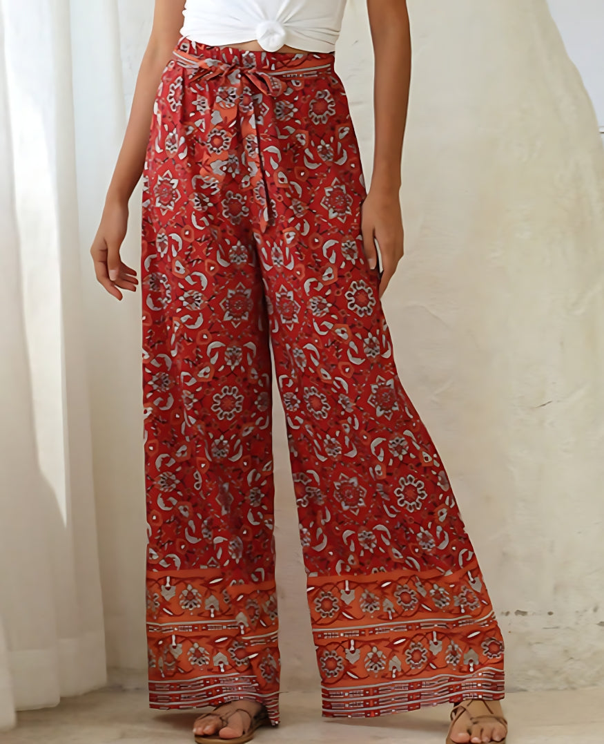 Women’s Palazzo Pants Floral Genome Print Elastic High Waist - Red - Pants & Capris - Carvan Mart